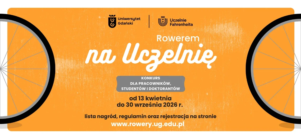 Plakat promujący kampanię Rowerem na Uczelnię - daty kampanii, koła rowerowe na pomarańczowym tle